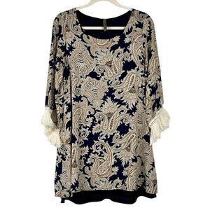 Entro Women’s Paisley Crewneck Long Sleeve Fringe Dress Small